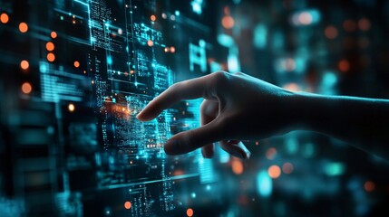 Software engineer interacting with futuristic holographic interface displaying source code