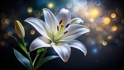 Bokeh black background highlights a delicate, isolated white lily.  AI art.
