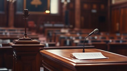 Podium with microphone in a large hall.