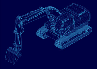 Blue drawing of a construction vehicle. The drawing is of a large machine with a large scoop on the front. The machine is blue and white, and it looks like it is ready to dig © German Ovchinnikov