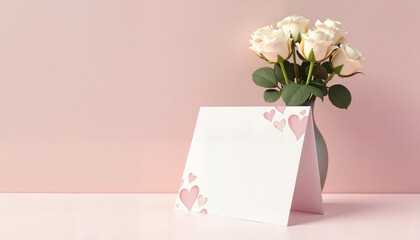 White greeting card with hearts beside white roses on pink background