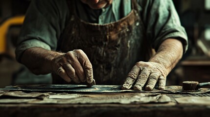 Carpenter sharpening tool on grindstone in workshop