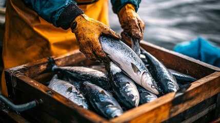 Fisherman putting freshly caught salmon into wooden crate on fishing boat