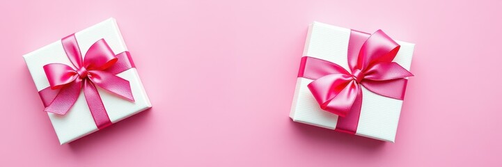 Decorative white gift boxes with pink ribbons on a pastel pink background