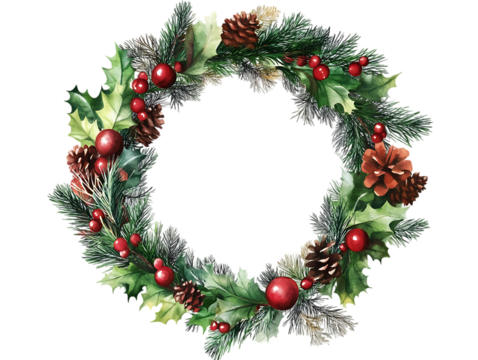 Christmas round wreath ring in watercolor style with vibrant greens, reds, and festive accents, isolated on a transparent background in PNG format.