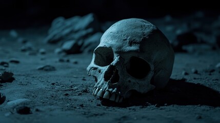 Human Skull Resting on Ground in Dimly Lit Environment