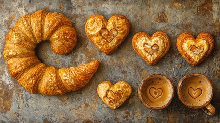 Fototapeta premium Delicious croissants and coffee with heart shapes.