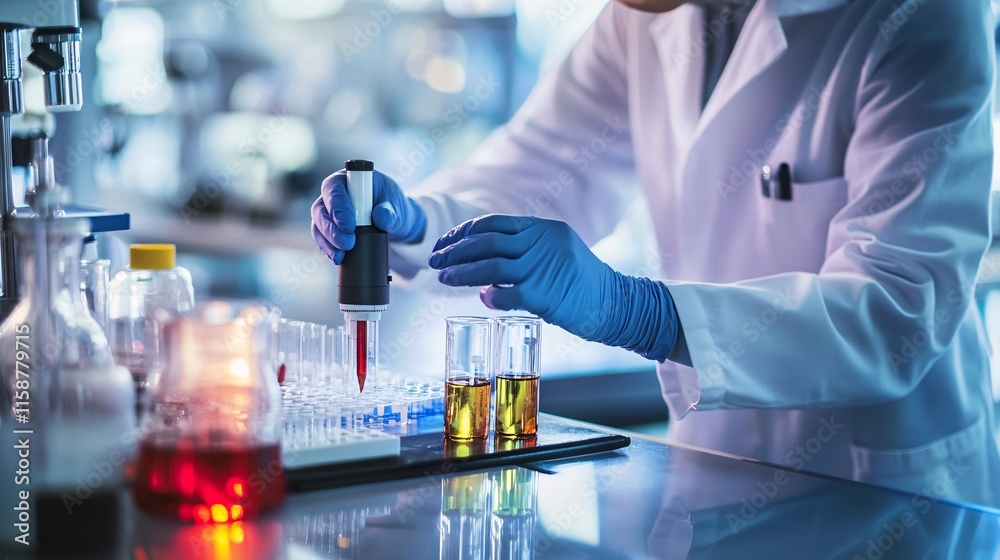 Aufkleber Scientist using micropipette and test tubes in laboratory experiment