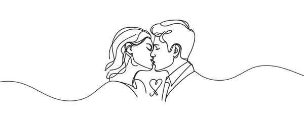 Illustration of couple kissing. One line drawing. Boy and girl kissing in one line style. Vector illustration