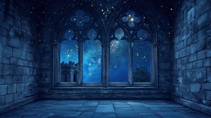 Fototapeta premium Night sky view from gothic stone castle window.
