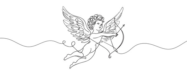 Cupid shooting arrows of love drawn in one line style. vector illustration