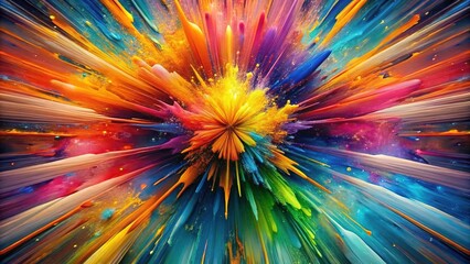 Colorful abstract explosion; dynamic radiating splatters.