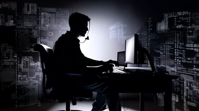 it specialist silhouette. computer code. Faceless male it specialist in front of animated computer code. it specialist front of his computer running work. Generative AI