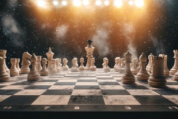 Chess pieces arranged on a board under dramatic lighting with a cosmic background