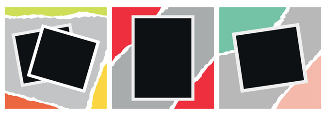 Set of photographic prints with cut and torn paper. Blank photo frames. Vector illustration