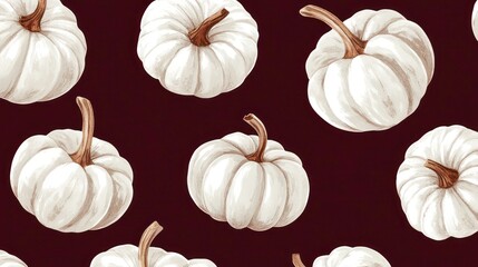 Fototapeta premium Seamless pattern of white pumpkins on a dark brown background.