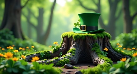 Illustration St. Patrick's Day, March 17. Green hat lies on a tree stump with flowers and clover in a fairy forest