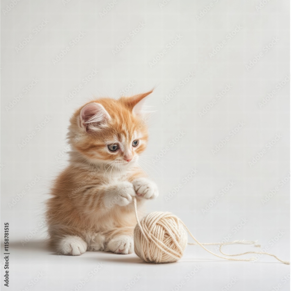 Poster cute kitten joyfully playing with a ball of yarn in a bright indoor setting during afternoon light. 