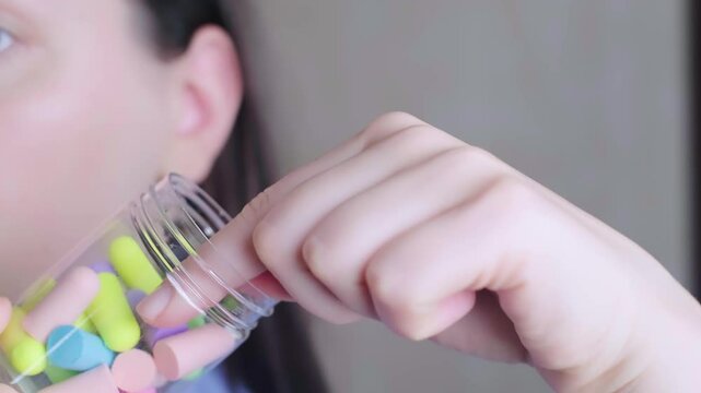 Woman holding a canister with many earplugs, gadgets for convenience - how earplugs help in daily life, at work or home.