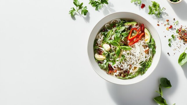 Hearty Bowl of Pho Noodles with Fresh Herbs