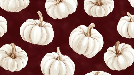 Fototapeta premium Seamless pattern of white pumpkins on a dark red background.