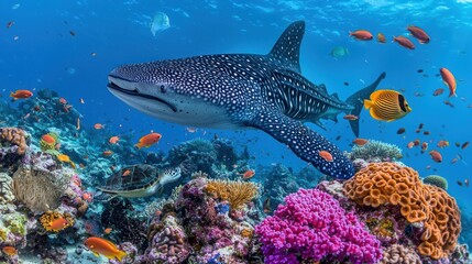 Obraz premium Whale shark swimming over vibrant coral reef with diverse fish.