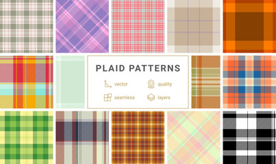 Gingham and plaid patterns in classic colors, great for fabric, material prints, and shirts with a trendy and rustic Scottish twist.