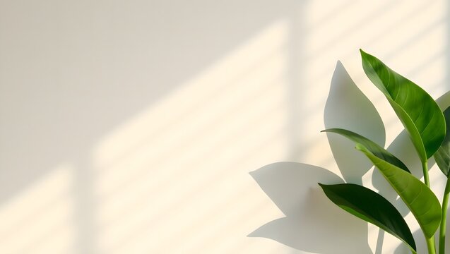Illustration with large leaves casting shadow on smooth wall. Copy space, mockup