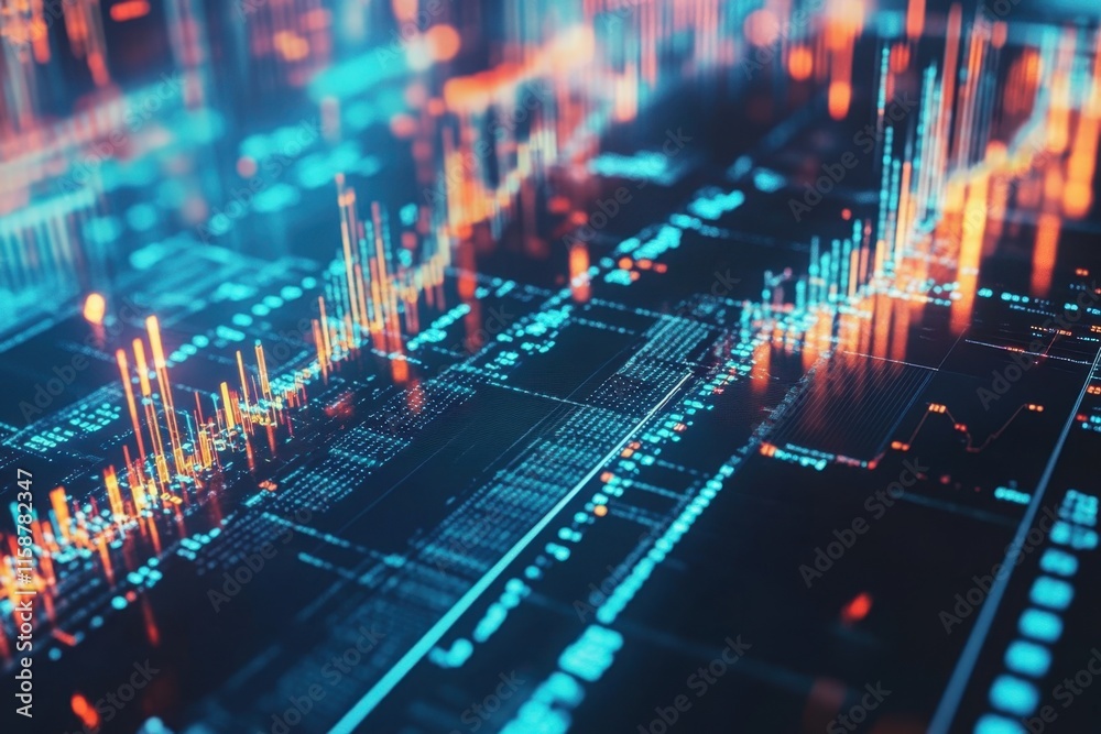 Poster digital data visualization showing fluctuating statistics and metrics in bright neon colors