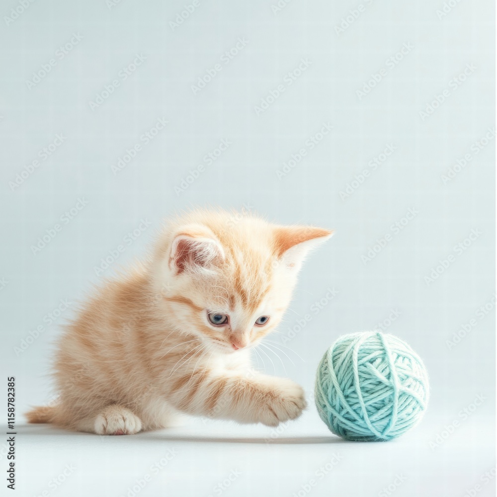 Poster cute kitten joyfully playing with a soft ball of yarn on a light background in a cozy indoor space. 