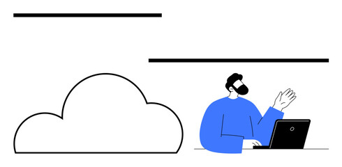 Business person seated at desk interacting with cloud symbol, laptop open, hand raised. Ideal for tech, remote work, virtual meetings, cloud storage, digital communication, IT industry