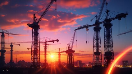 Fototapeta premium Cranes Silhouetted Against a Vibrant Sunset
