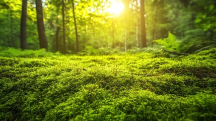 Fototapeta premium Lush green moss carpet in a sun-dappled forest.