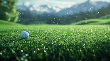Golf clubs and balls on lush green grass in morning,playing golf,sport outdoor,golfing club for winning stroke or score,game joyful and happy concept.