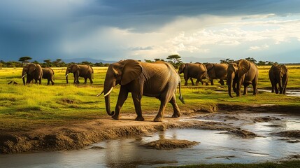 Naklejka premium A herd of elephants walking across a grassy savanna under dramatic skies, near a water source.