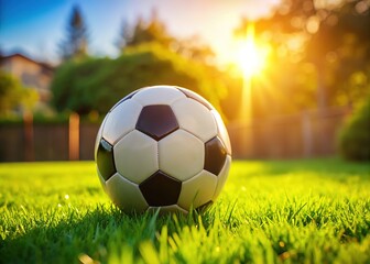 Obraz premium Green grass backdrop, soccer ball centered, perfect Rule of Thirds shot.