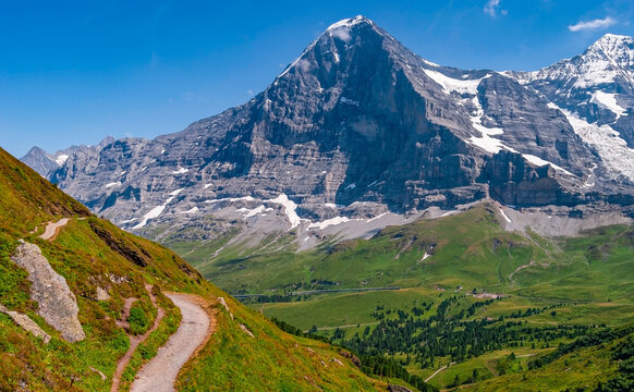 The Northern wall of Eiger peak in summer with clear blue skies and green meadows. Grindelwald, Switzerland