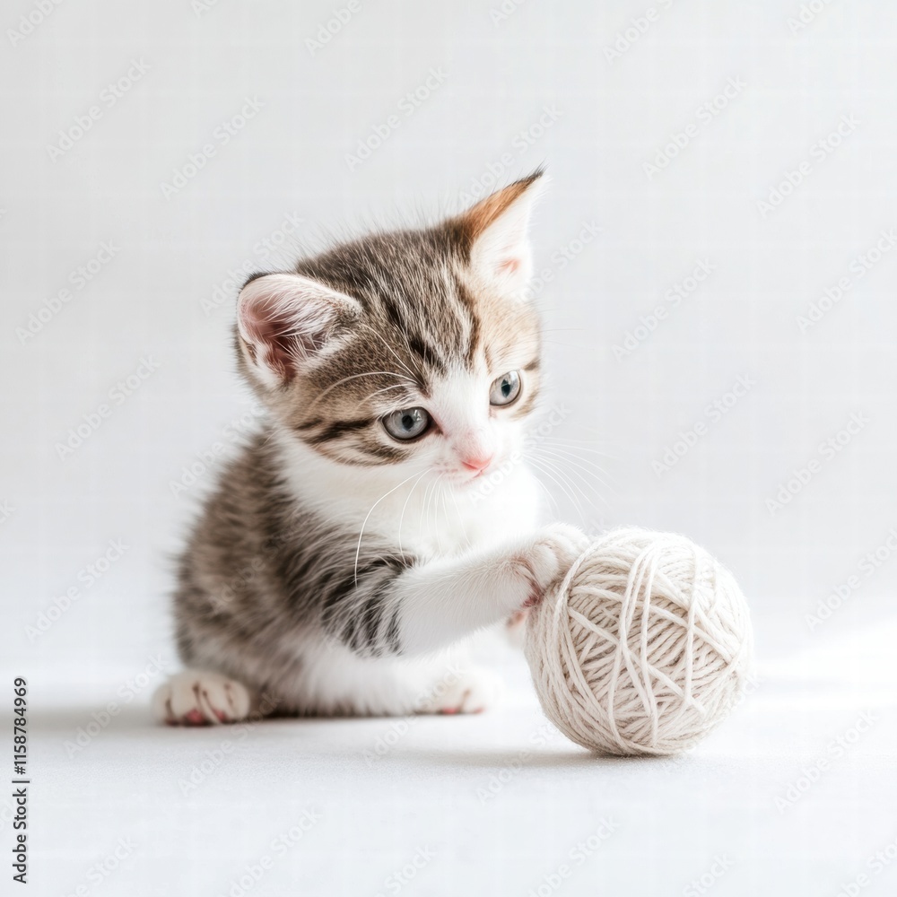 Poster kitten joyfully playing with a ball of yarn in a cozy indoor setting during the afternoon. generativ