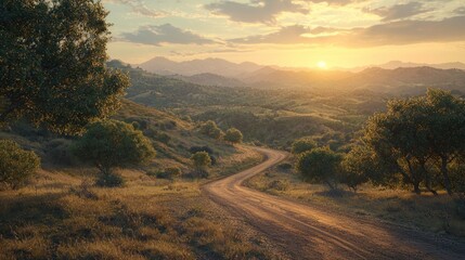 Sunset over a winding dirt road in a mountainous landscape.