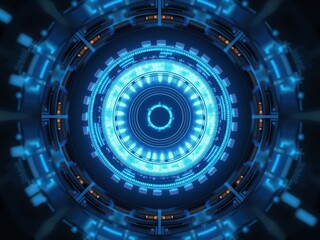 Futuristic thermonuclear fusion reactor displaying intricate blue patterns and glowing elements in a high-tech lab setting