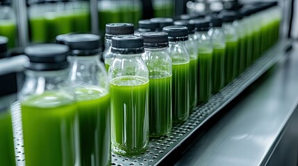 Bottles of freshly pressed juice being capped and labeled in an eco-friendly beverage plant."
