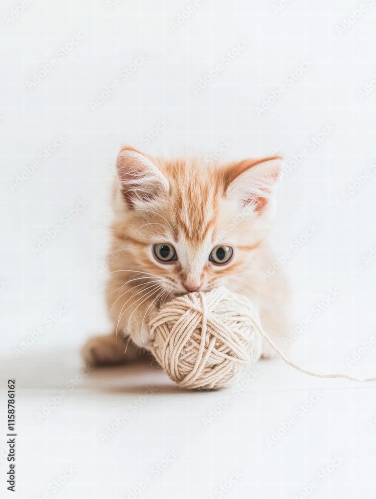 Poster cute kitten joyfully playing with a ball of yarn in a bright indoor setting during daytime. generati