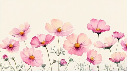 Watercolor of pink cosmos flower isolated on white background,Collection cosmea flower and leaves,wildflowers seamless pattern,soft colorful blooming flower background.