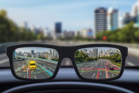 Smart glasses displaying augmented reality navigation on a bustling city road