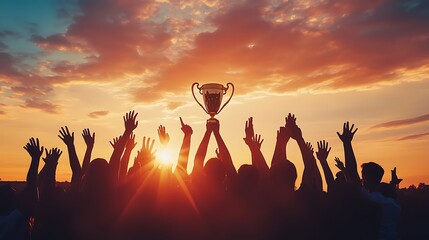 Silhouetted crowd celebrating victory, trophy held high at sunset.