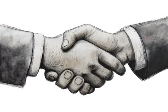 Detailed hand-drawn sketch of a handshake, textured and elegant, isolated on a transparent background in PNG format.