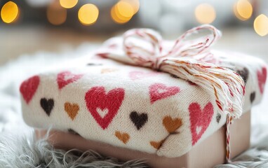 A cozy blanket with a heart pattern folded neatly in a gift box for valentines day