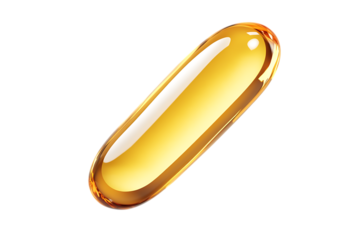 Falling fish oil pill with a glossy texture, isolated on a transparent background, created using generative AI, showcasing its smooth surface and vibrant golden color.