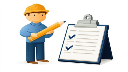 Life Priorities concept. A construction worker with a hard hat holds a pencil next to a clipboard featuring check marks, symbolizing project management and safety checks.