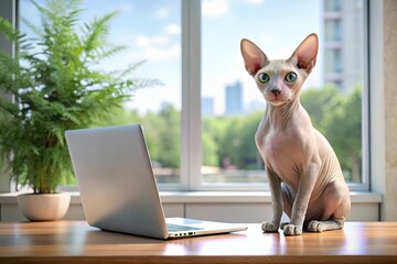 Modern workspace, ruled by thirds, featuring a hairless cat, laptop, and sleek AI art.